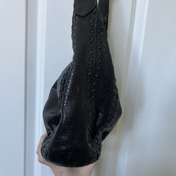 Brighton Black Leather Purse Womens Hobo Slouchy Faux Snakeskin Western Buckle - Picture 4 of 16